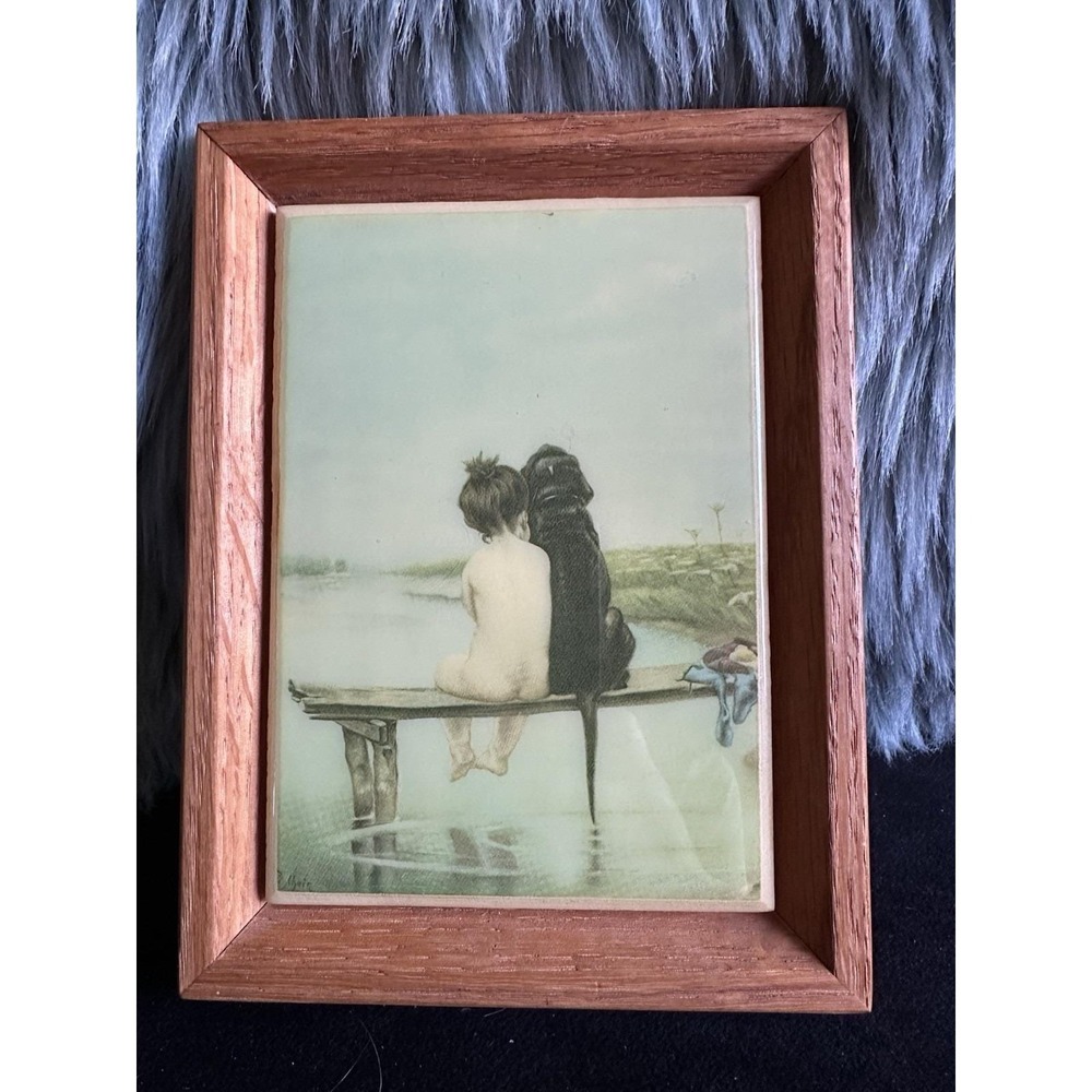 Vintage Girl With Dog On Bench Tile Framed  6 X 5 X1 /1970s Wall Art Decor Beach